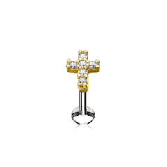 Surgical Steel Internally Threaded Religious Cross CZ Labret