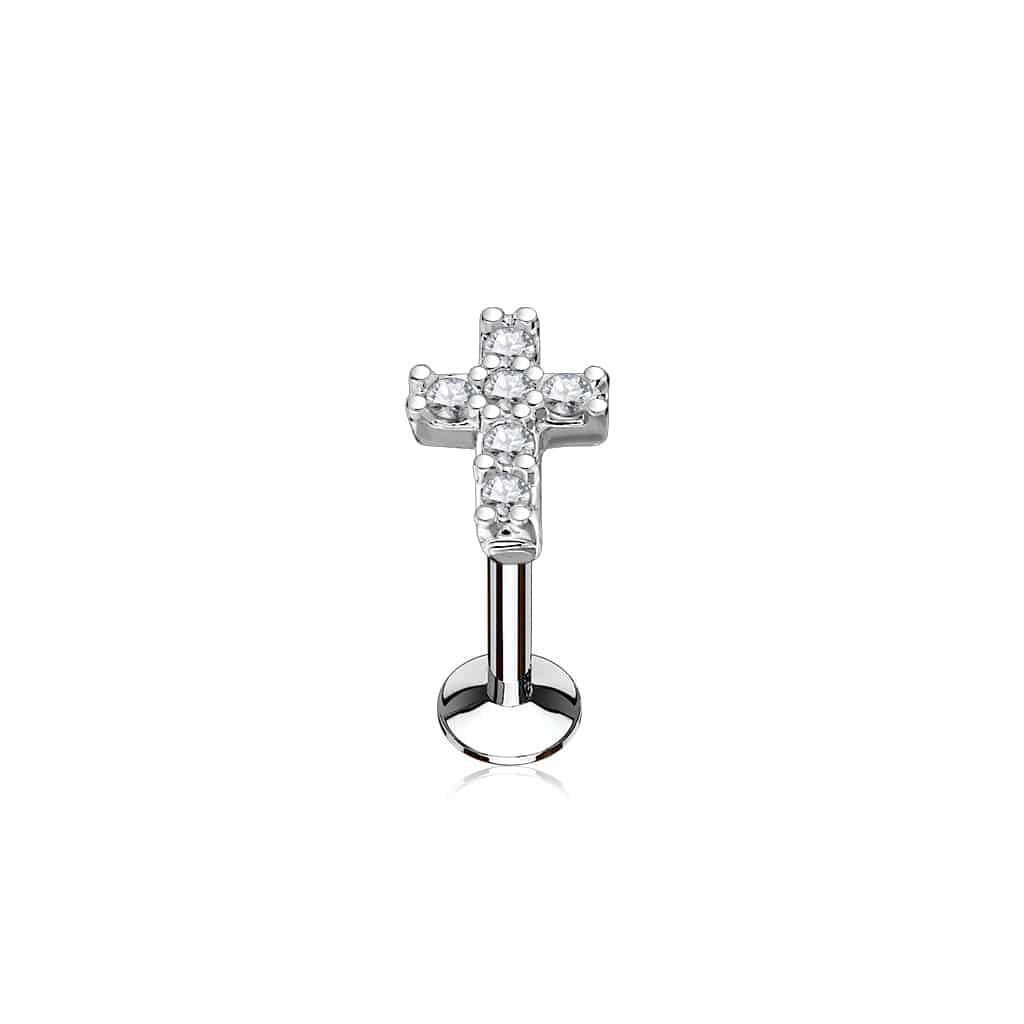 Surgical Steel Internally Threaded Religious Cross CZ Labret