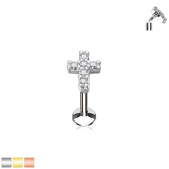 Surgical Steel Internally Threaded Religious Cross CZ Labret