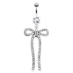 Surgical Steel Long Clear CZ Paved Gems Ribbon Bow Belly Ring