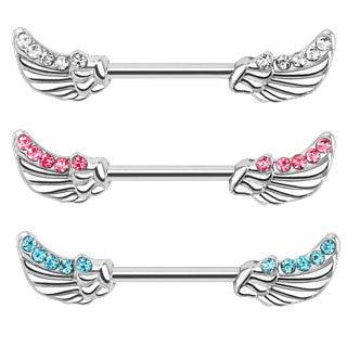 Surgical Steel Nipple Ring Bar with Angel Wing Feathers with CZ Gems