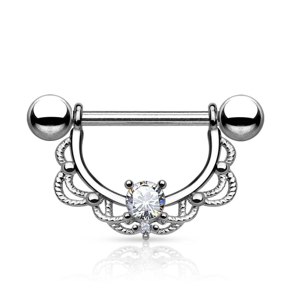 Surgical Steel Nipple Ring Barbell with Filigree Lace Shield with CZ