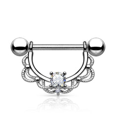 Surgical Steel Nipple Ring Barbell with Filigree Lace Shield with CZ