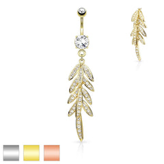 Surgical Steel Pave Leaf Dangling Belly Button Ring