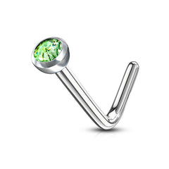 Surgical Steel Press Fit Green CZ Gem "L" Shape Nose Ring Pin