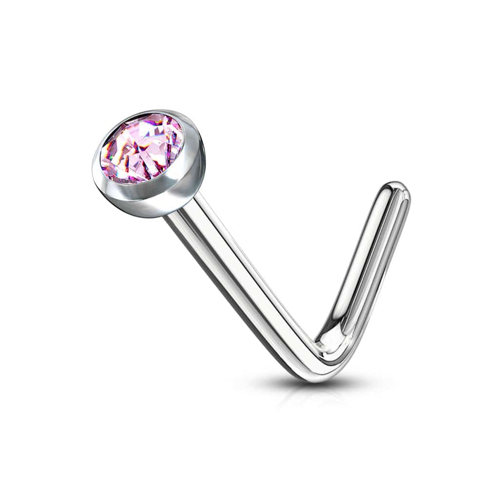 Surgical Steel Press Fit Pink CZ Gem "L" Shape Nose Ring Pin