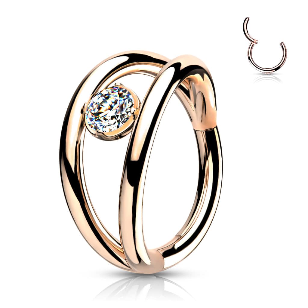 Surgical Steel Rose Gold PVD Double Hoop Look White CZ Hinged Hoop Ring Clicker