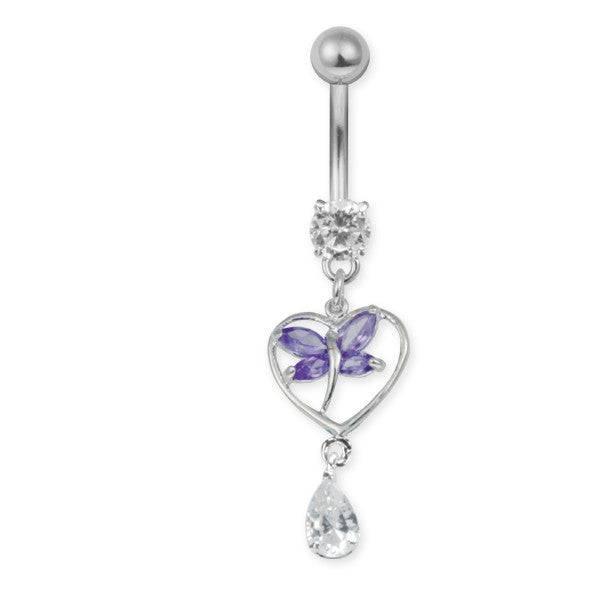 Surgical Steel White CZ Gem Crystal Butterfly Heart Dangle Belly Button Navel Ring