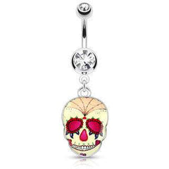 Surgical Steel Yellow Sugar Skull Belly Button Dangling Navel Ring