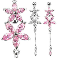 Top Side Down CZ Flower Reverse Surgical Steel Belly Button Navel Ring